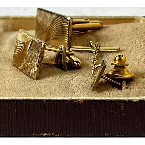 Yellow Gold 14K Filled 1/20th Quality Vintage Cuff Links & Tie Tack Set w/ Box - Picture 4 of 16